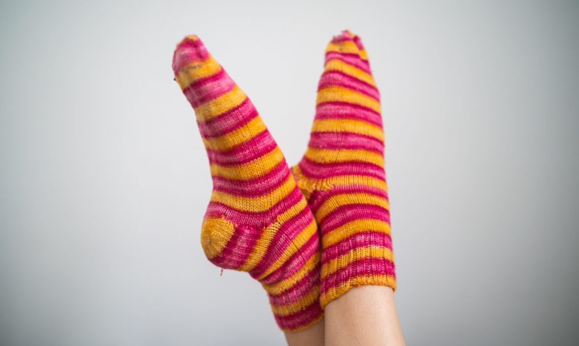 Red, pink and yellow stripey socks